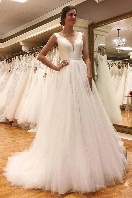 detailed wedding dressesSimple V Neck V Back Off White Tulle Long Bridal Dresses, A Line Wedding Dresses OK1729