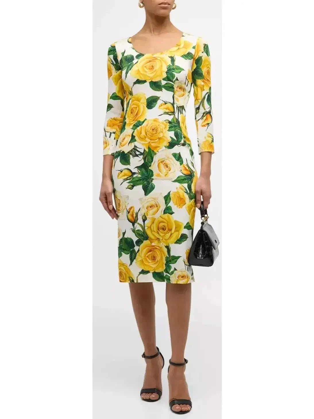 midi wrap dressesYellow Rose Print Scoop-Neck 3/4-Sleeve Charmeuse Midi Dress