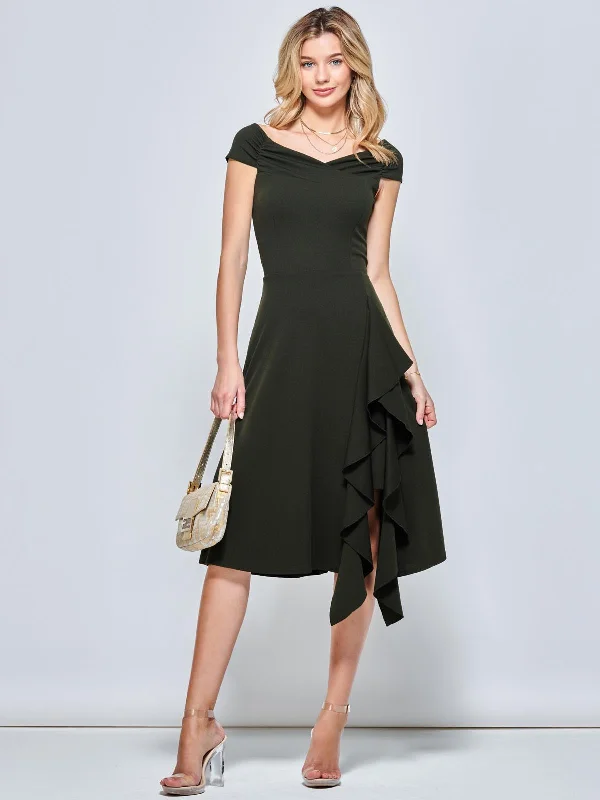 open-back midi dressesOff Shoulder Frill Ponte Midi Dress, Soldier Green