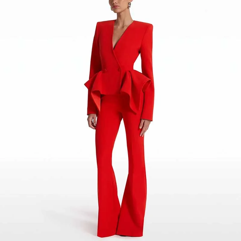 bohemian chic wedding dressesWomen's Red Wedding Pantsuit V-Neck Top With Flared Bottoms Suit