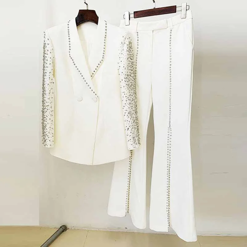 eco-friendly wedding dressesWomen Luxury Wedding Suit Nail bead Blazer + Mid-High Rise Flare Trousers Suit Pants Suit