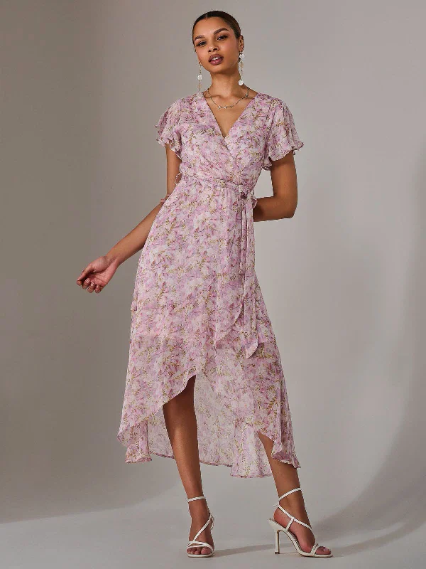 midi dresses with keyhole backsChiffon Wrap Midi Dress, Pink Floral