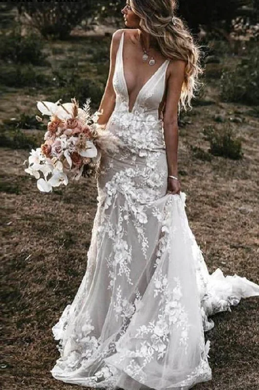 lace wedding dressesA Line Tulle Lace Mermaid V Neck Wedding Dresses, Beach Wedding Dresses OK1805