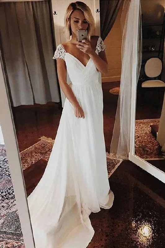 glamorous bohemian wedding dressesSimple Chiffon A-line Cap Sleeves V-neck Bohemian Beach Wedding Dresses Bridal Dress OK1679