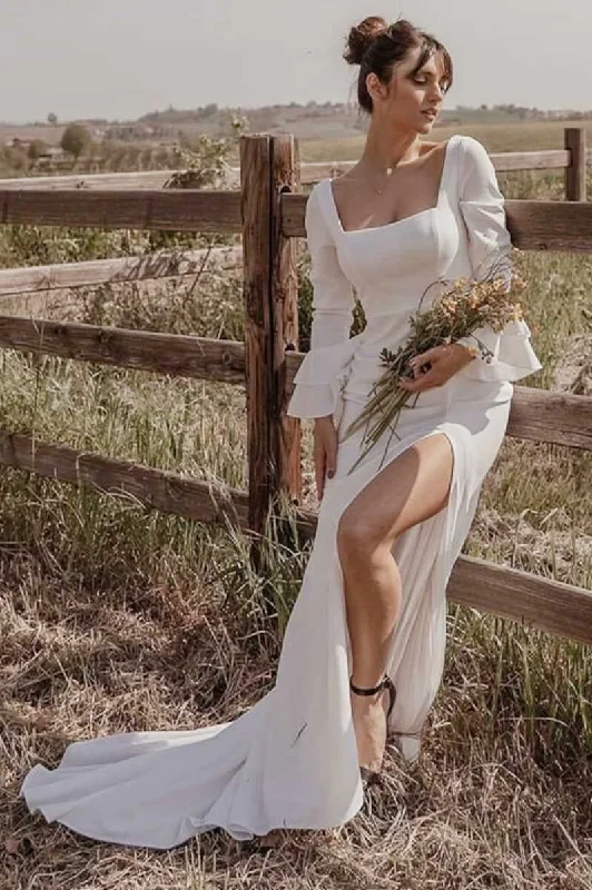 plus-size friendly wedding dressesOff White Square Neck Long Sleeves Long Simple Wedding Dress with Slit OK1622