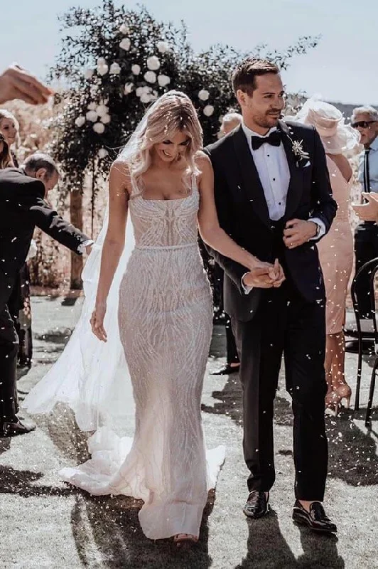 wedding dress with detachable sleevesElegant Mermaid Sleeveless Spaghetti Straps Lace Wedding Dresses OK1887