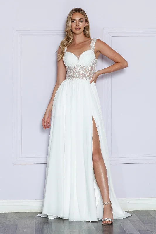 wedding dress without trainLA Merchandise LAY9376 Sheer Bodice Lace Applique Wedding A-line Dress