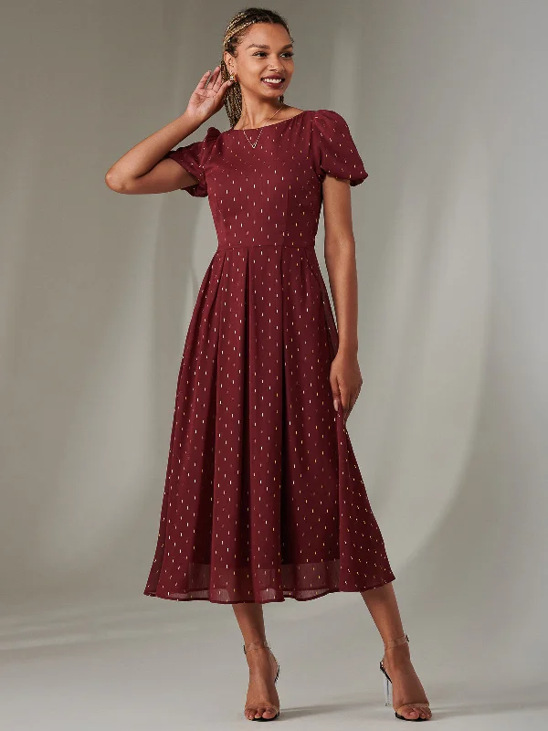 high-low midi dressesMetallic Spot Chiffon Midimix Dress, Burgundy