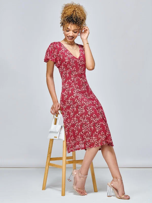 tween midi dressesStacy Floral Print Cross Front Midi Dress, Wine Floral