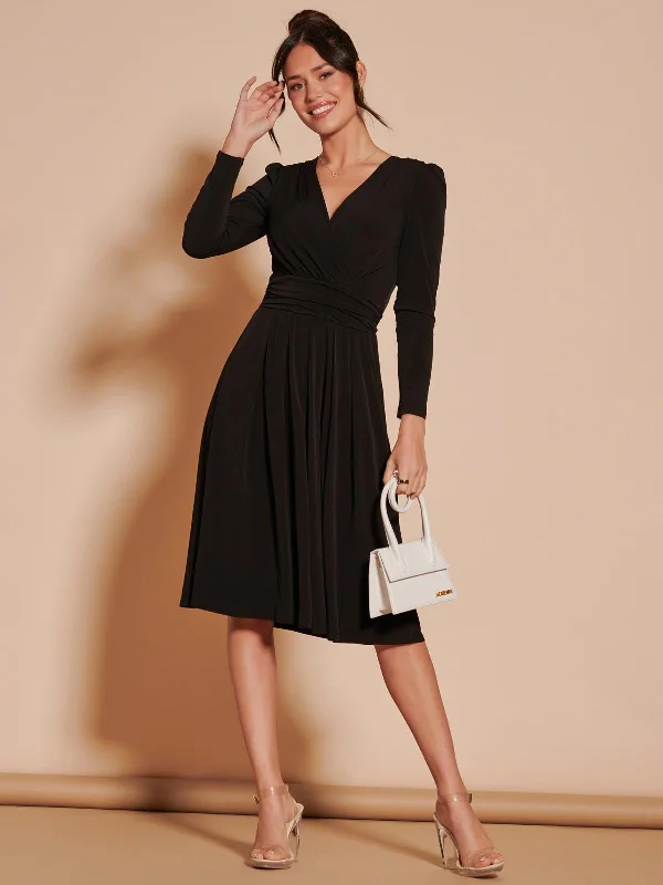 plus-size midi dressesLong Sleeve Pleated Jersey Midi Dress, Black