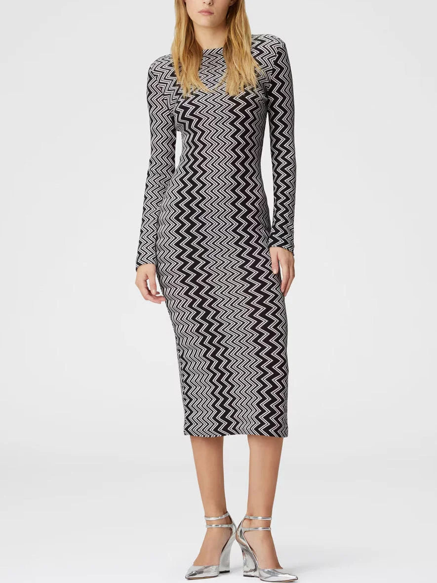 midi ballerina dressesKnit Zig Zag Black and White Long Sleeve Stretch Midi Dress