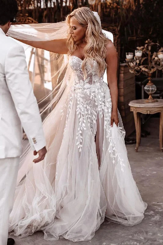 bohemian chic wedding dressesA-line Sweetheart Lace Appliques Bohemian Wedding Dress with Slit OK1978