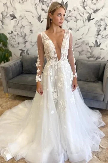 wedding dress with pocketsA-Line Floral Appliques Off White Plunging Neck Long Sleeves Backless Wedding Dress OK1906