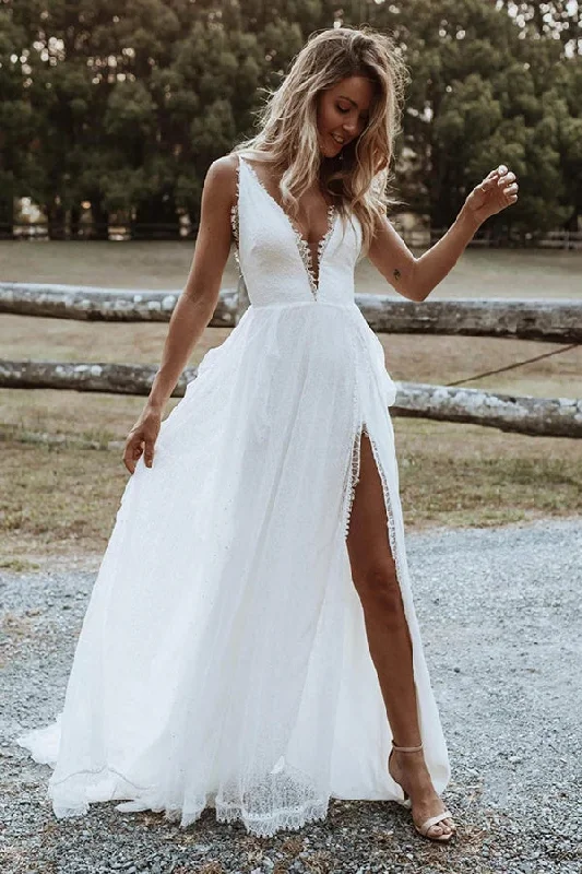 bohemian chic wedding dressesBoho Chiffon A-line V-neck Lace Spaghetti Straps Beach Wedding Dresses Bridal Dress OK1680