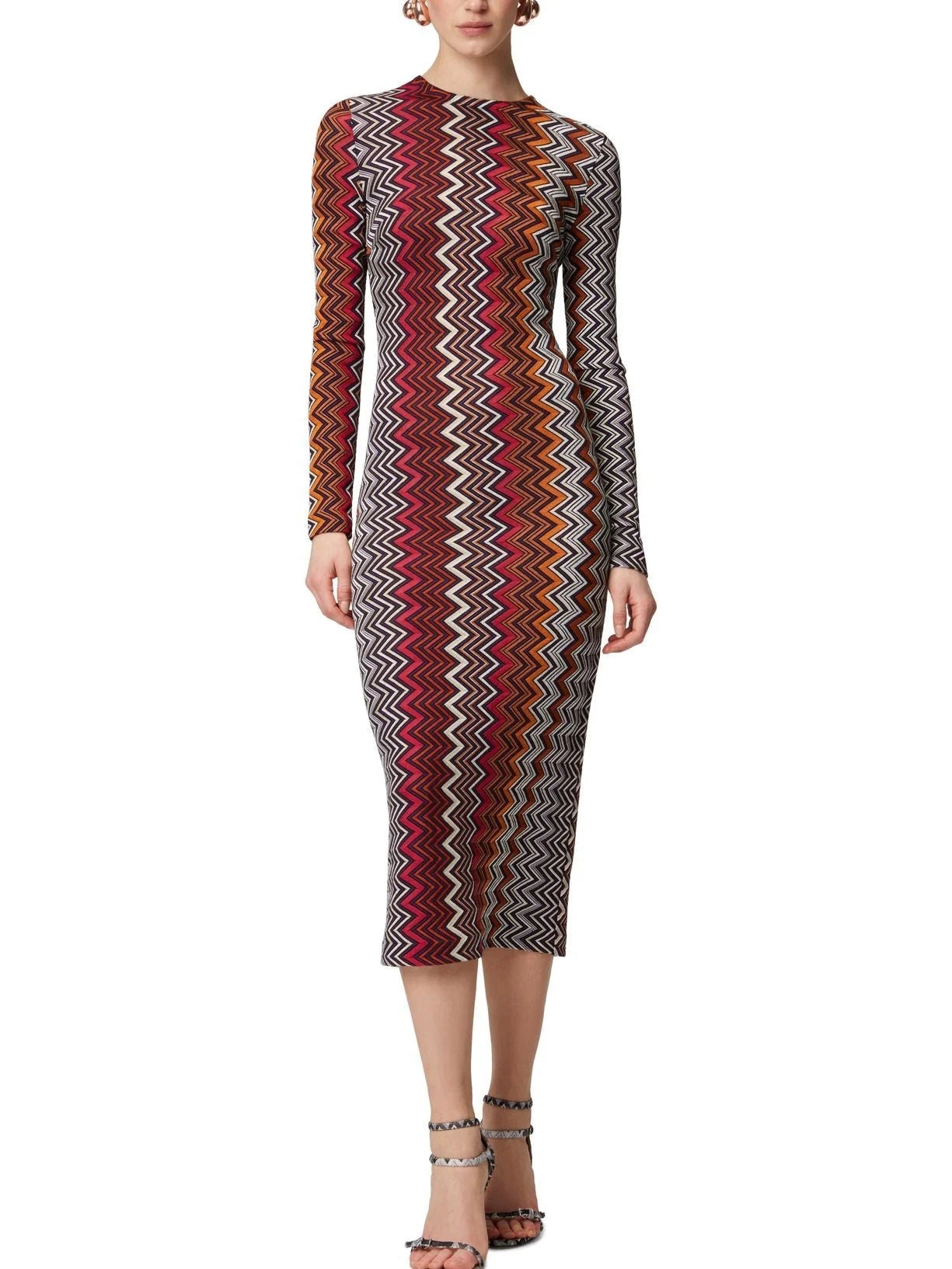 midi cocktail dressesKnit Zig Zag Multicolored Long Sleeve Stretch Midi Dress