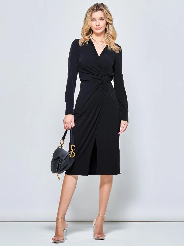 boho midi dressesLong Sleeve Wrap Midi Shirt Dress, Black