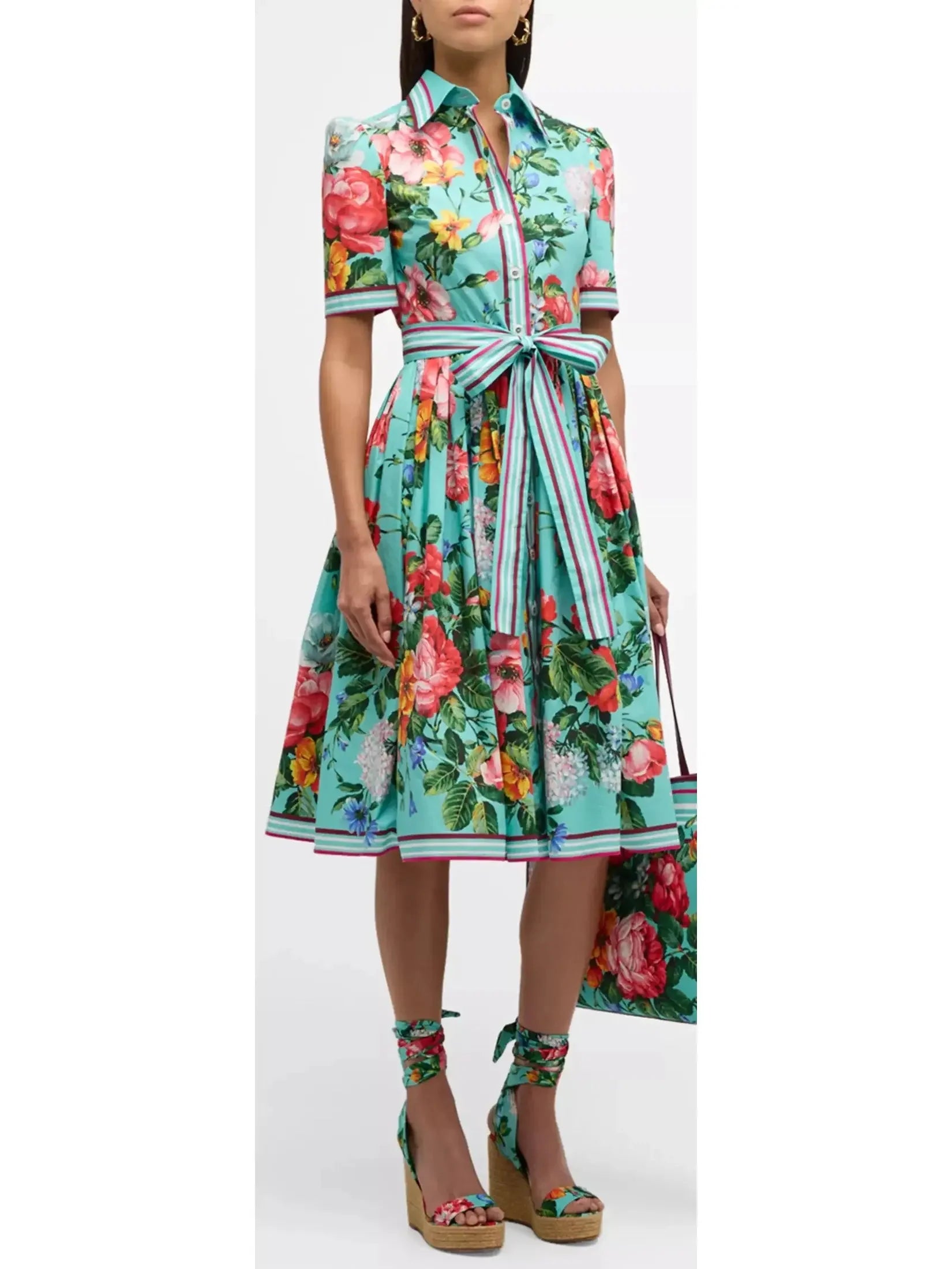 cotton blend midi dressesFloral-Print Short-Sleeve Belted Midi Shirt Dress