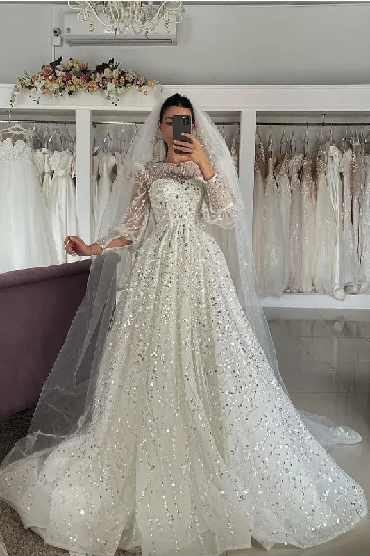 rustic wedding dressesPrincess A Line Sequined Long Sleeves Wedding Dresses Bridal Dresses OK1701