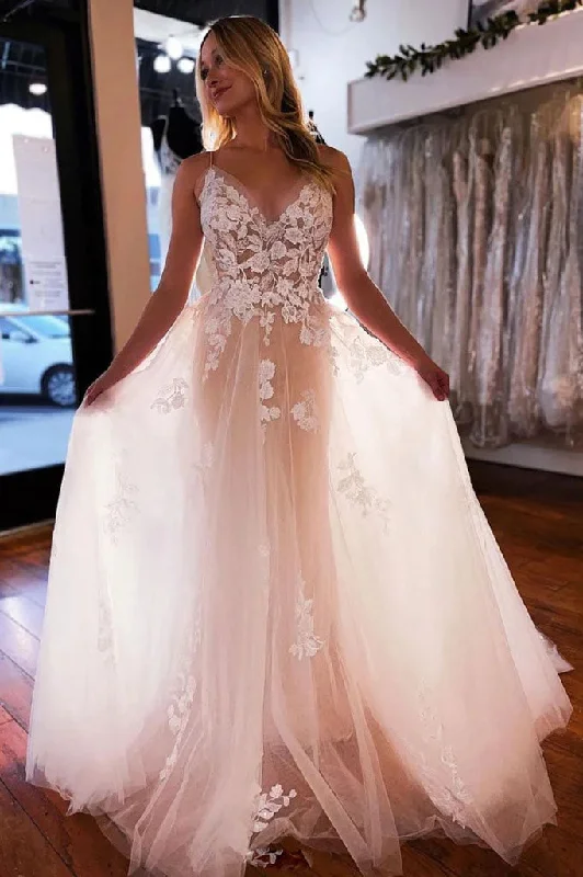 affordable wedding dressesA Line Tulle V Neck Backless Lace Floral Appliques Long Wedding Dresses OK1736