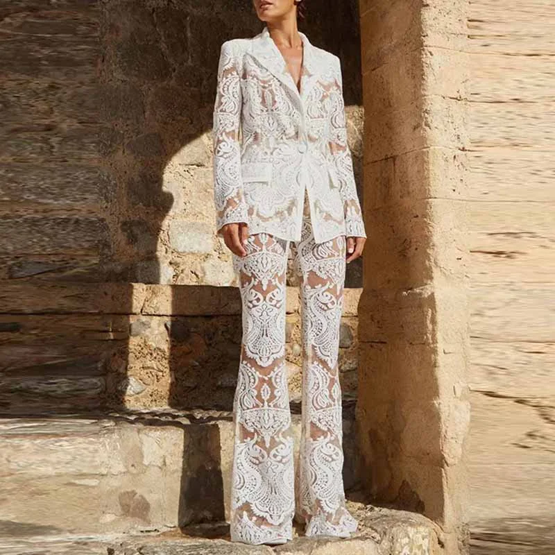 pre-owned wedding dressesWomen Luxury Sequinned Mesh Lace Blazer Jacket + Flare Trousers Pants Suit Wedding Suit