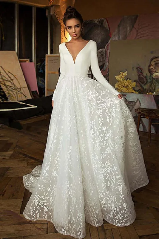 minimalist wedding dressesA-line V-neck Long Sleeves Wedding Dresses With Court Train, Bridal Gown OK1807