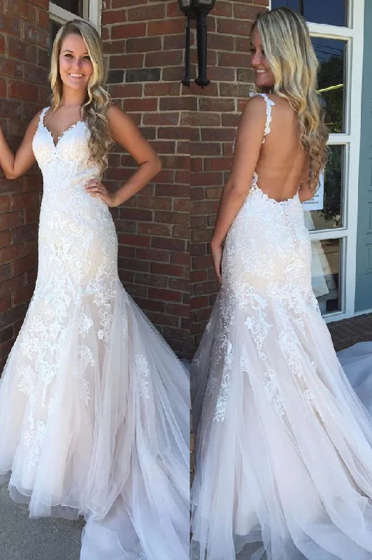 romantic wedding dressesV Neck Backless Mermaid Lace Appliques Long Wedding Dresses with Train OK1727