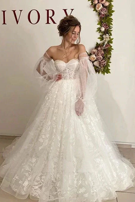 wedding dress fittingLace Floral Puffy Sleeve Wedding Dress Sweetheart Long Train Bridal Gown Corset Back OKV20