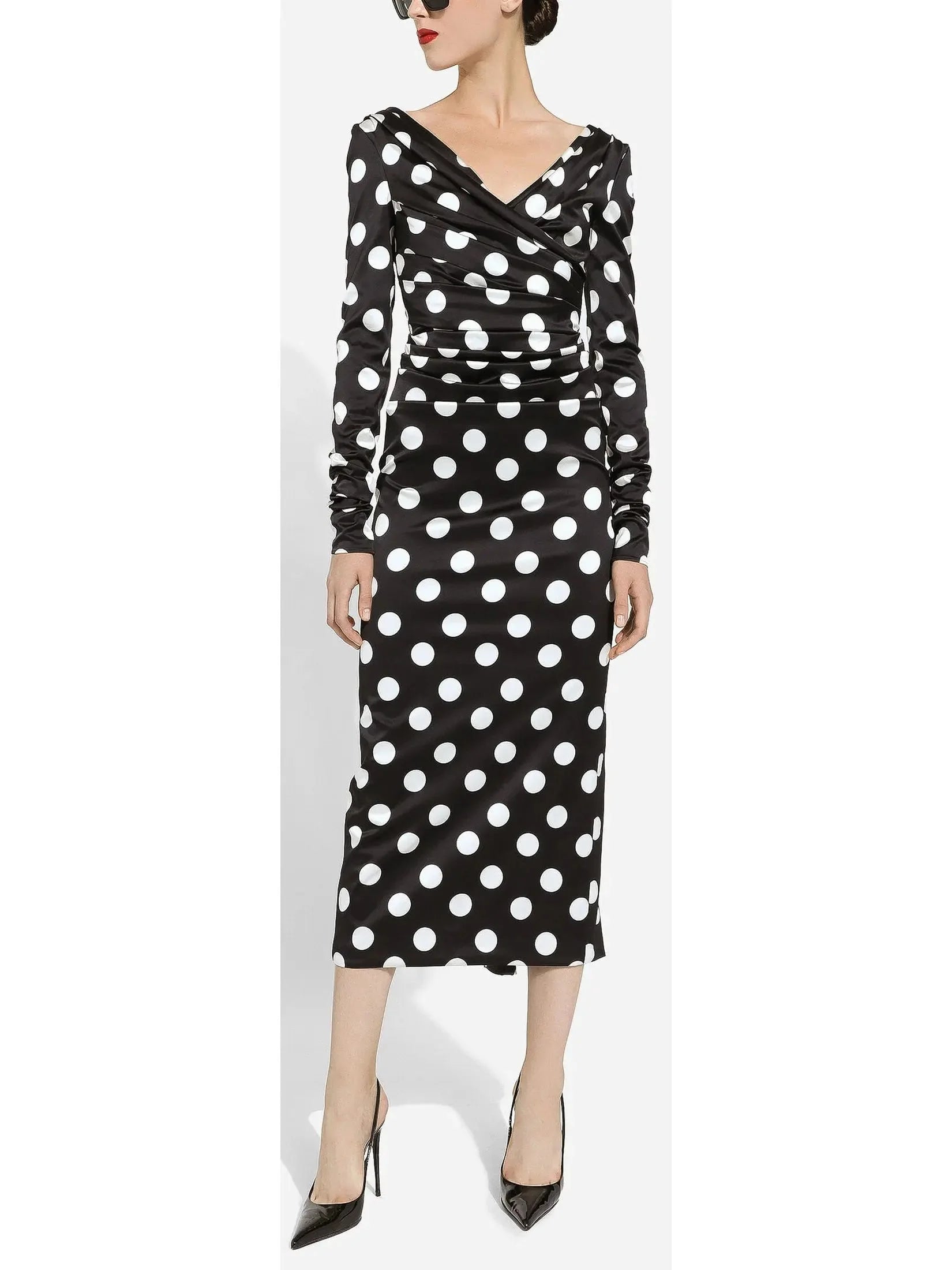 midi dresses without sleevesSatin Midi Dress with Polka-Pot Print