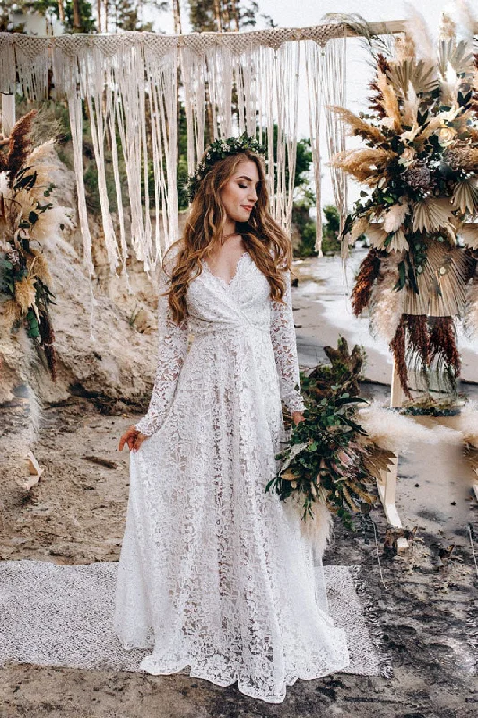 modern wedding dressesA Line Lace Long Sleeves Wedding Dress Long Pregnant Women Evening Gown OKV30