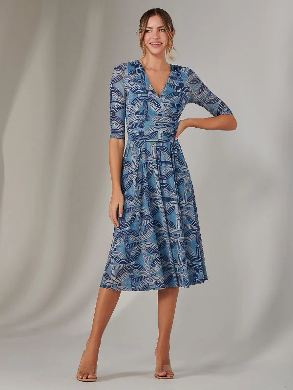 midi dresses for petitesMesh Wrap Midi Dress, Blue Pattern