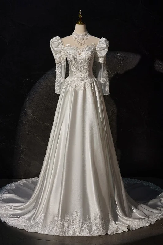 garden wedding dressesSatin Gorgeous Vintage Long Sleeves Appliques Wedding Dresses