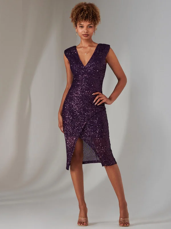 midi dresses for partiesDeja Sequin Midi Dress With Slit, Dark Purple