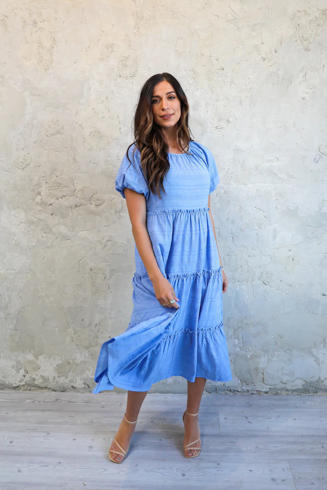 short sleeve midi dressesSerena modest midi dress in light blue