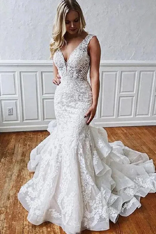 bohemian wedding dressesUnique Mermaid Tulle Lace Wedding Dresses With Ruffles, Bridal Gown OK1809