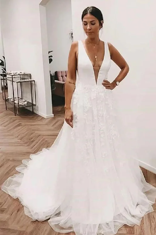 garden wedding dressesDeep V Neck and V Back White Lace Long Prom Wedding Dresses with Train OK1732