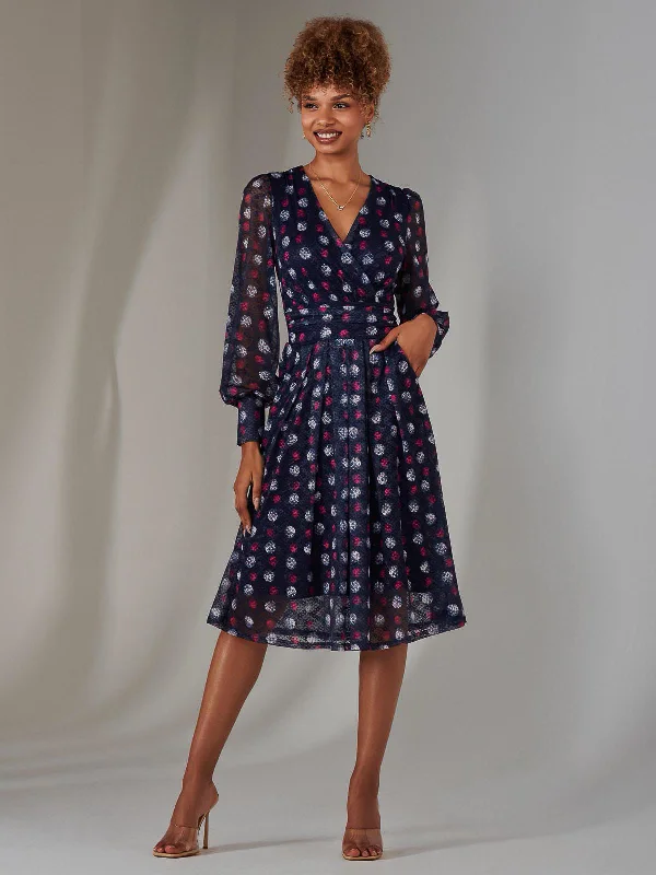 breathable midi dressesLong Sleeve Lace Print Midi Dress, Navy Abstract