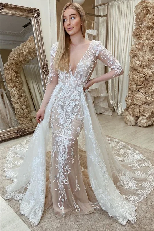 wedding dress with open backOff White Lace Appliques Long Sleeves Backless Mermaid Wedding Dress with Attached Train OK1594