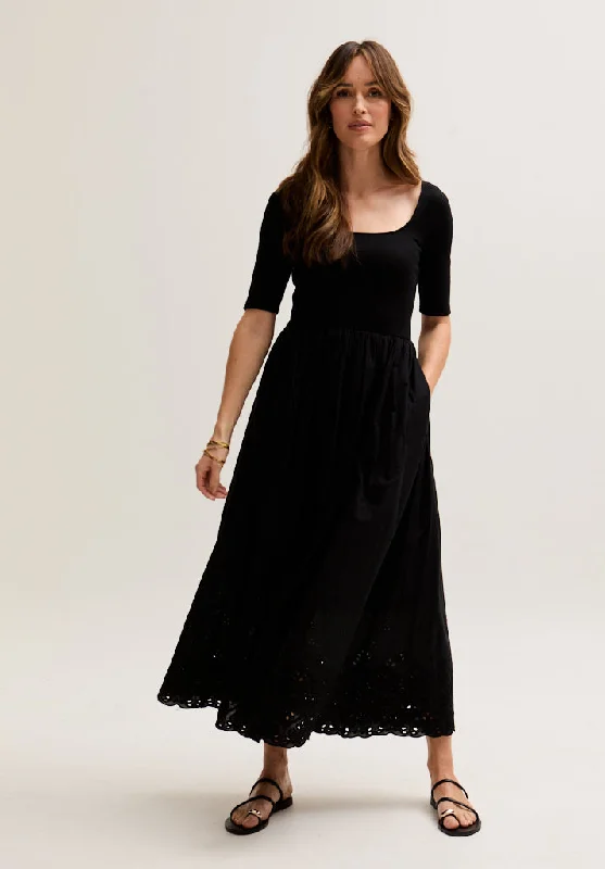 lined midi dressesSydney Short Sleeve Jersey Bodice Embroidered Midi Dress In Black