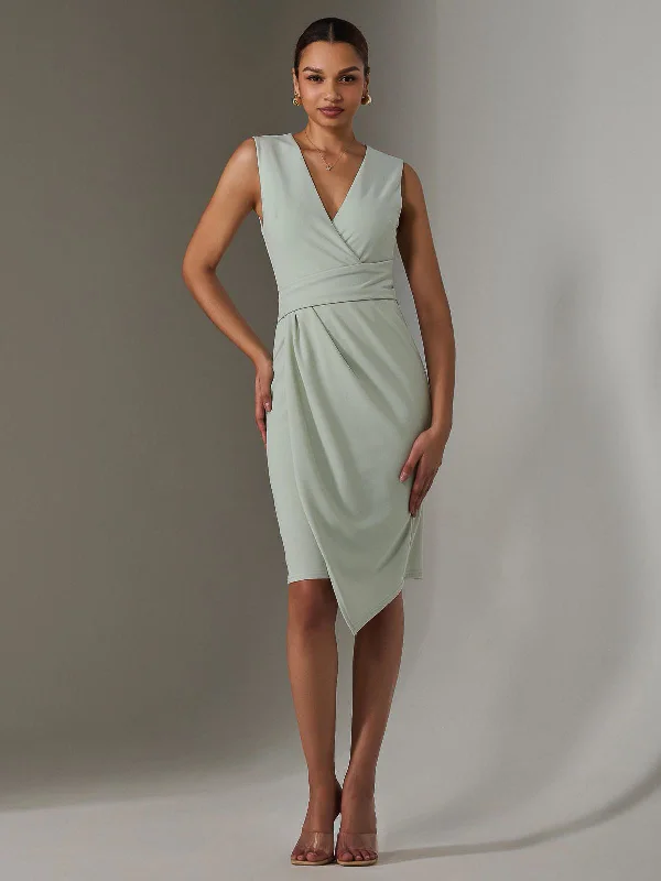 wrap-around midi dressesSleeveless Wrap Front Midi Dress, Light Green