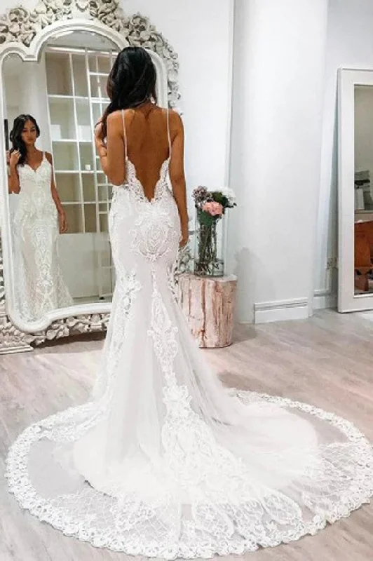 statement wedding dressesOff White Tulle Mermaid Spaghetti Straps Chapel Train Wedding Dress with Lace Appliques OK1650