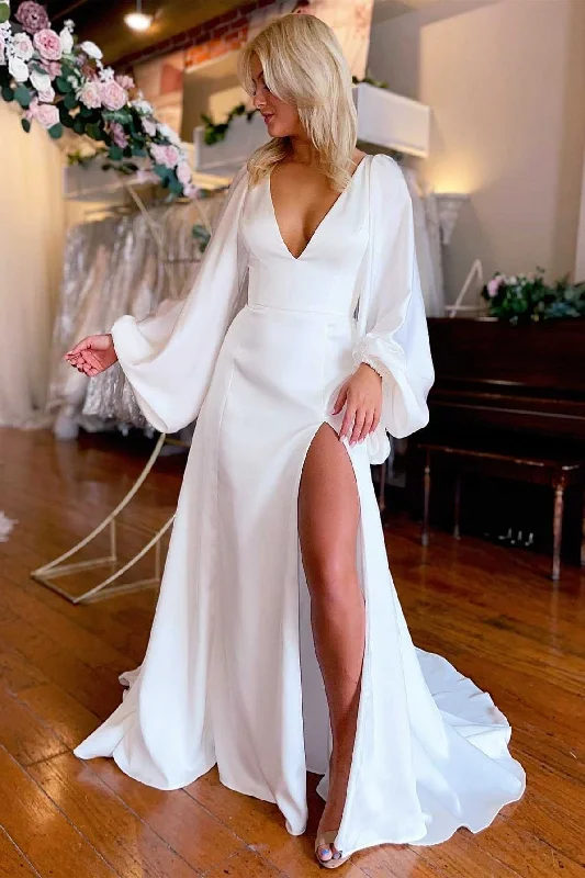 wedding dress with detachable sleevesSimple White V-Neck Long Sleeves Backless Long Wedding Dress with Slit OK1588