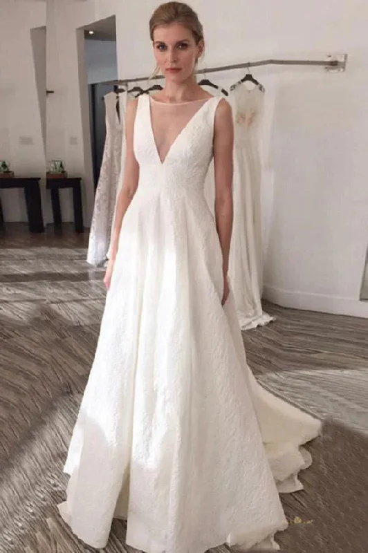 beaded wedding dressesBateau A Line Beach Wedding Dresses Elegant Long Bridal Dresses OK1791