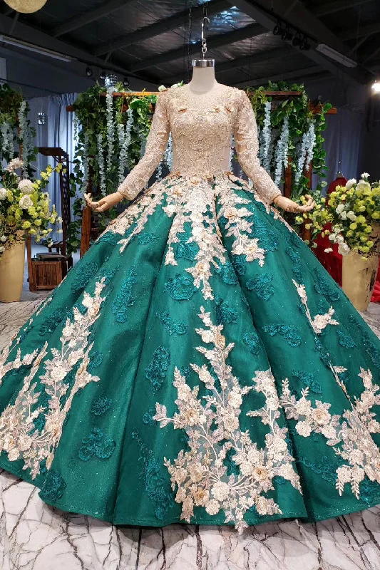 vintage wedding dressesLong Sleeves Ball Gown Wedding Dress Appliqued Beading Quinceanera Dress OKR12