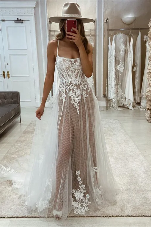 wedding dress with corsetSexy A Line Tulle Off White Lace Appliques Straps Backless Wedding Dress OK1593