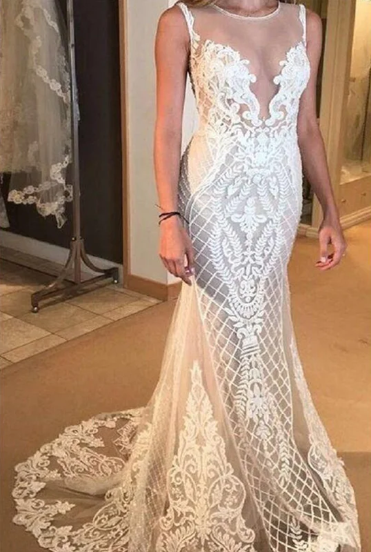 wedding dress preservationMermaid V-neck Lace Wedding Dresses With Court Train, Bridal Gown OK1886