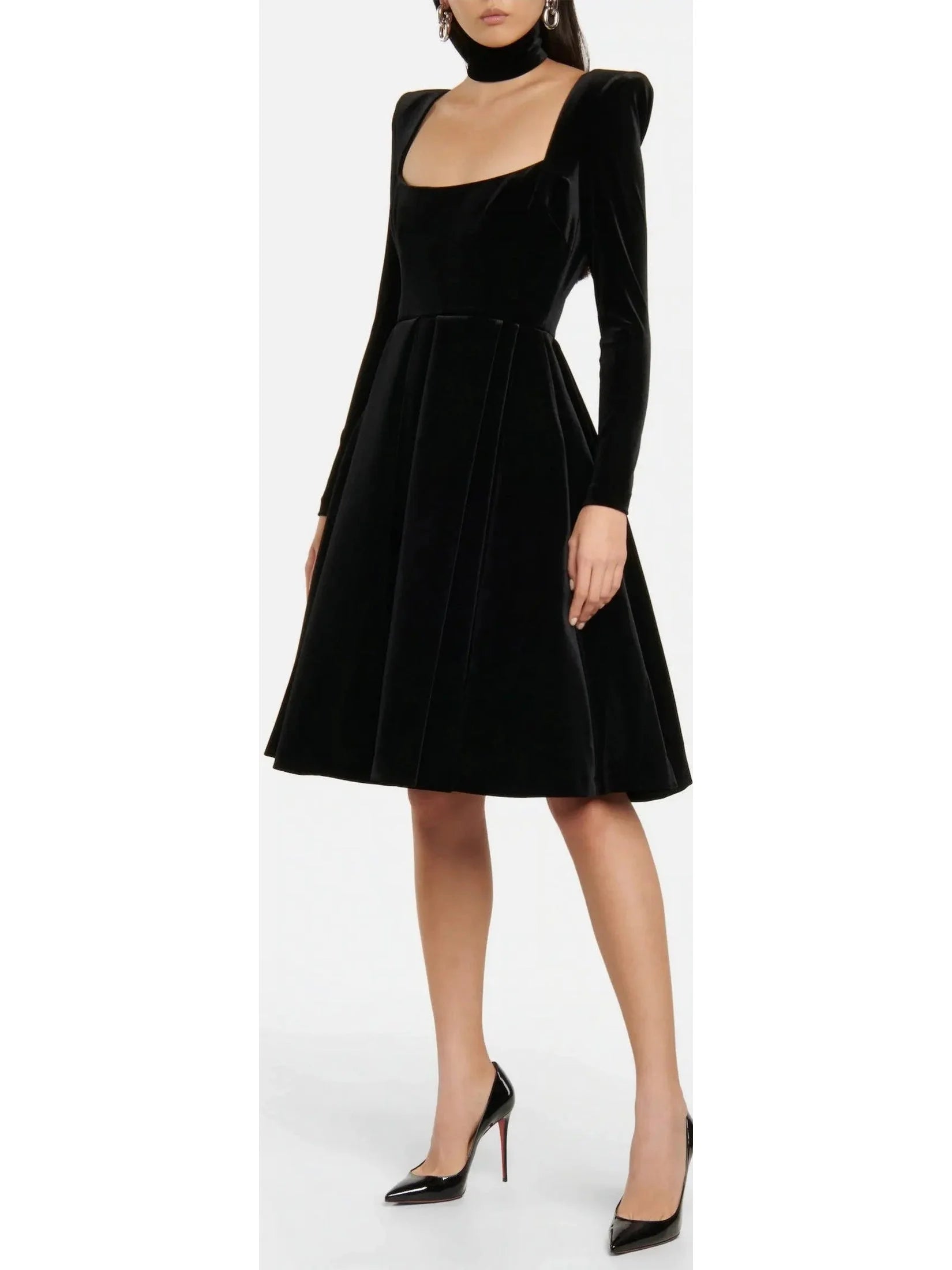 casual midi dressesPleated Black Velvet Midi Dress