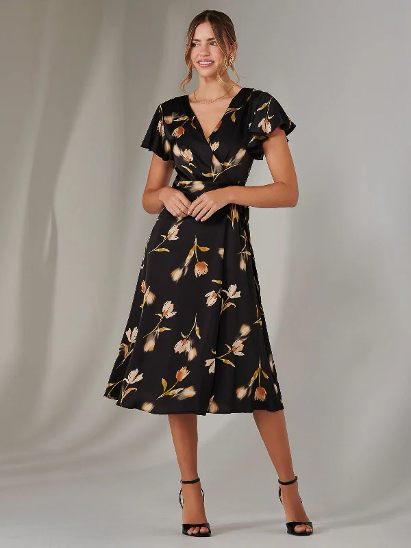 casual midi dressesWrap Front Midi Dress, Black Floral