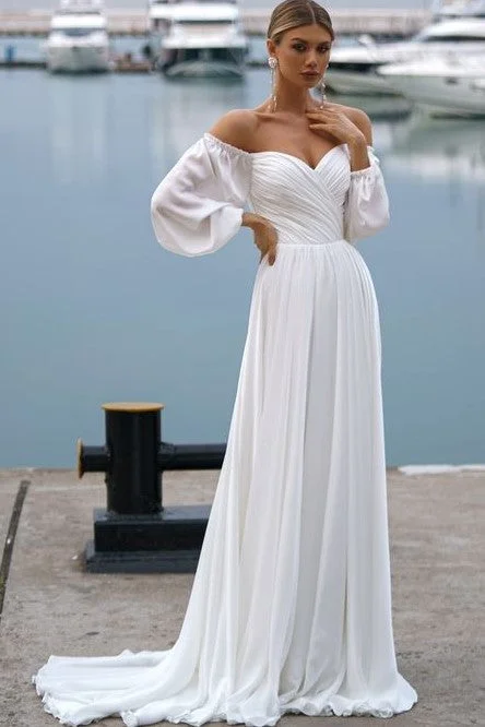 wedding dress alterationsBoho A Line Chiffon Off-the-shoulder Beach Wedding Dress with Long Sleeves OK1582