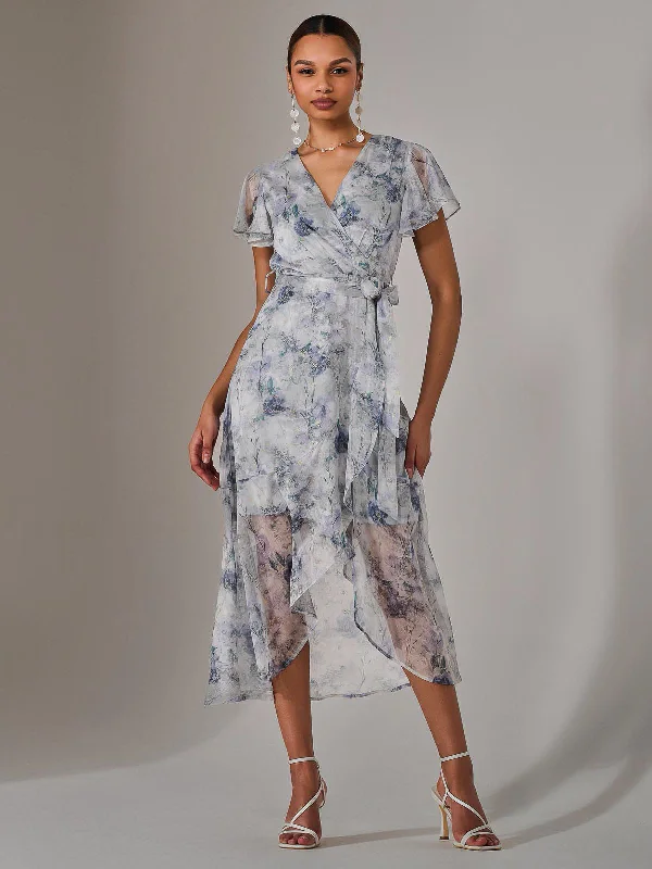 midi dresses with sheer sleevesChiffon Wrap Midi Dress, Blue Floral