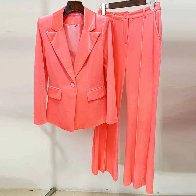 bridesmaid dresses that match wedding dressWomen Velvet Coral Pantsuit One Button Blazer + Mid-High Rise Flare Trousers Pants Suit, Wedding Suit,